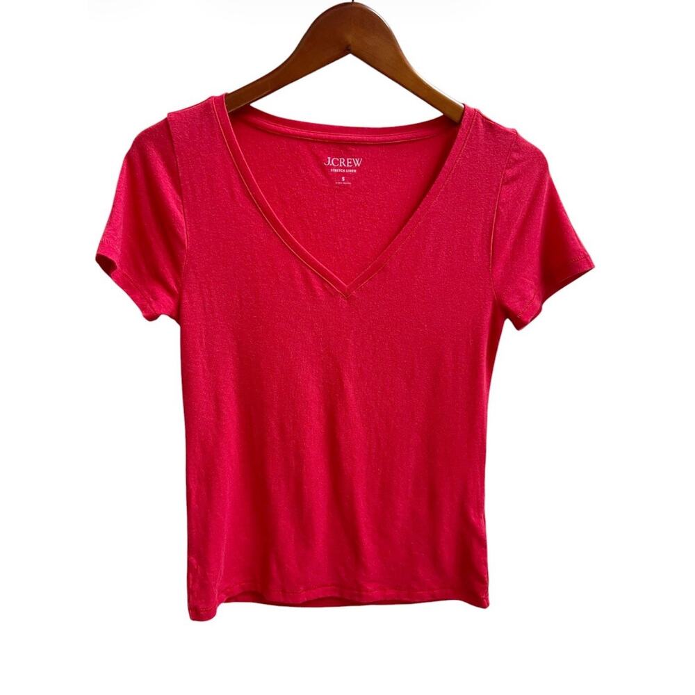 J. Crew Womens T-Shirt Short Sleeve V Neck Stretch Linen Red Sz S Casual